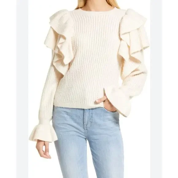 Rachel Parcell Ruffled Long Sleeve Pointelle Crew Neck Cozy Sweater Cream XL - Picture 2 of 7
